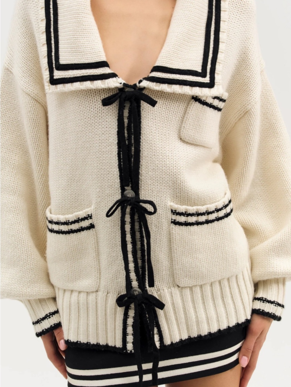 For Love & Lemons Marina Cream Knit Sailor Cardigan with Black Trim XS - Picture 3 of 15